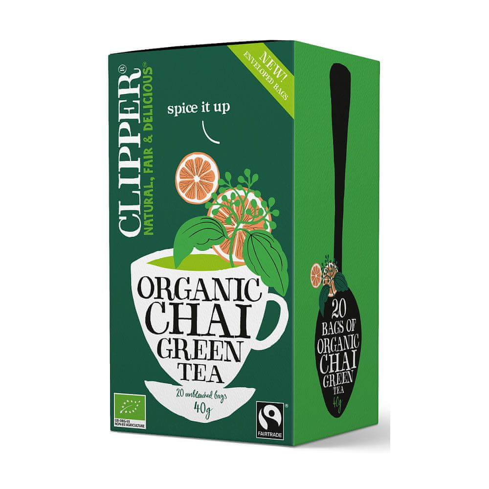 Clipper Britský organický zelený čaj Chai so škoricou, pomarančom a kardamónom Fair Trade BIO "Organic Chai Green Tea" 40g (20 vrecúšok x 2g) Clipper